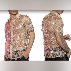 Sequin Sheer Fringe Champagne Gold Button Down Short Sleeve Party Festival Shirt